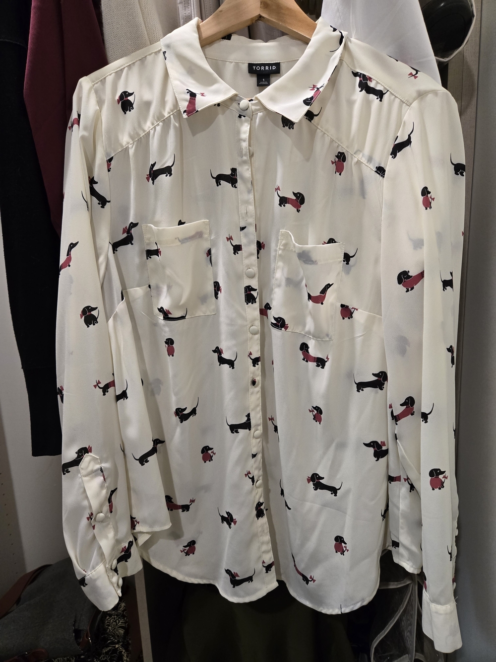 torrid Cream Button-Down Shirt with Black and Pink Dachshund Print